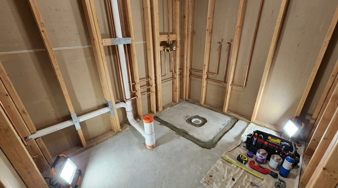 Bathroom rough-in plumbing during remodel by Johns Plumbing LLC in Aberdeen Proving Ground