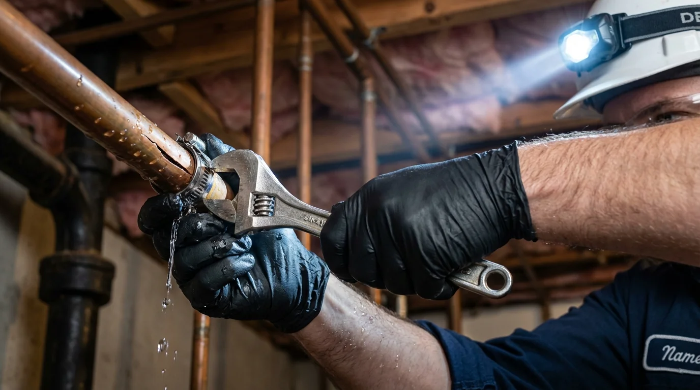 Emergency pipe clamp repair being performed by a Johns Plumbing LLC plumber in Aberdeen Proving Ground