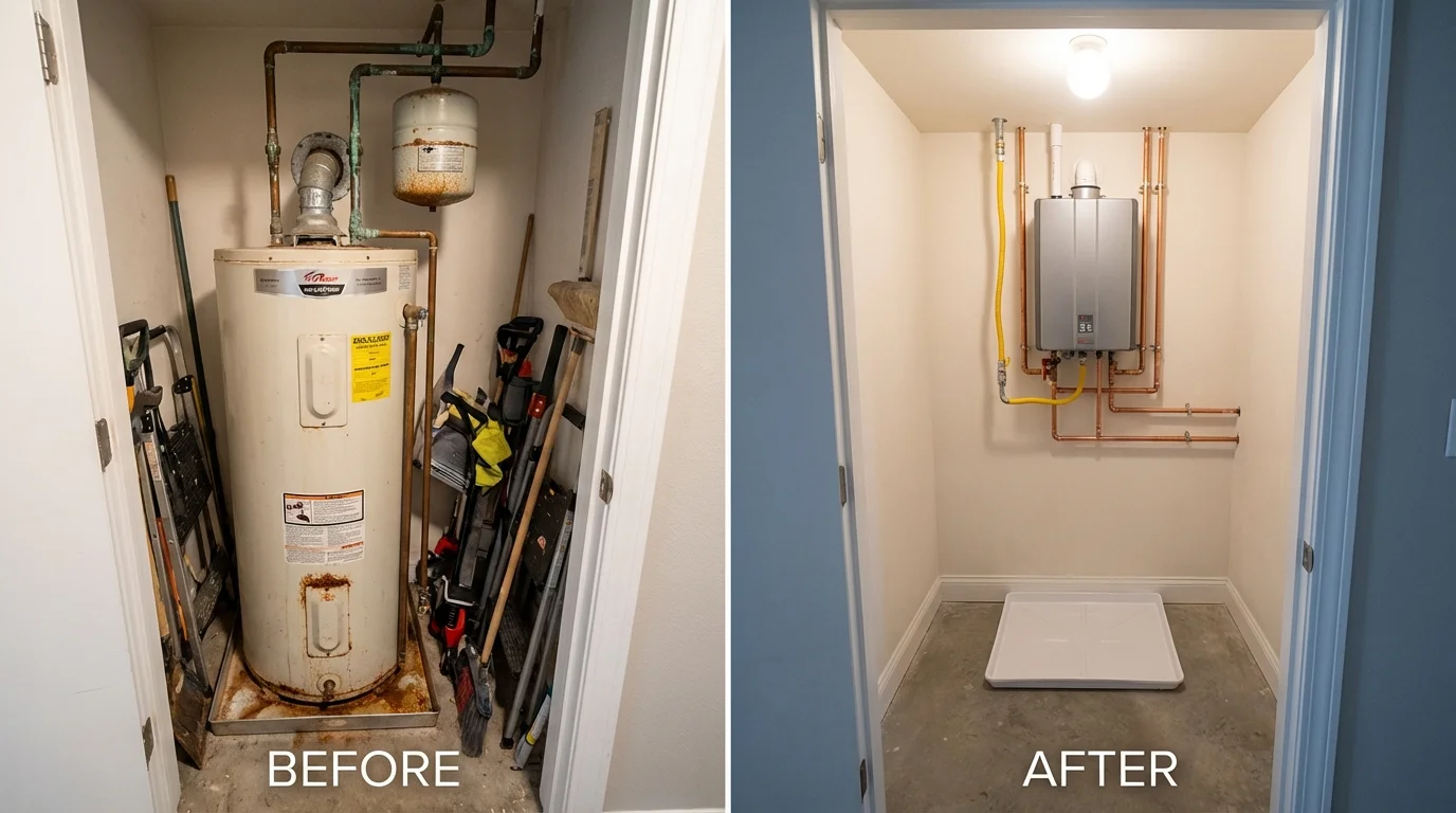Tank water heater versus wall-mounted tankless unit comparison for Aberdeen Proving Ground, MD homeowners