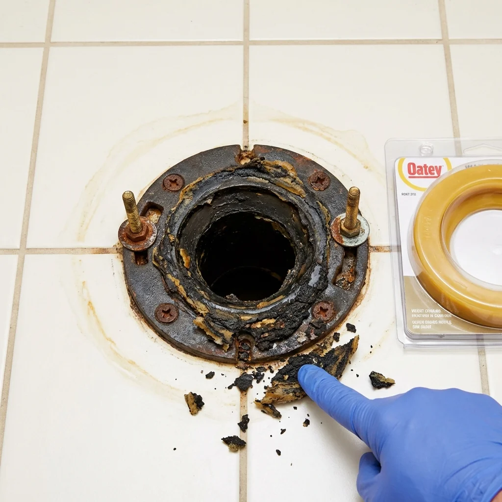 Failed wax ring showing water seepage at the base of a toilet in a Aberdeen Proving Ground, MD home