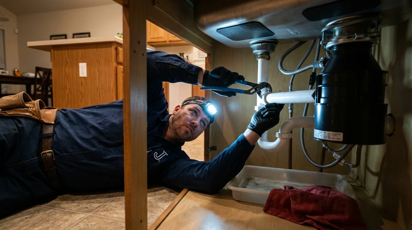 P-trap and supply line connections under a kitchen sink showing a common leak point in Aberdeen Proving Ground, MD